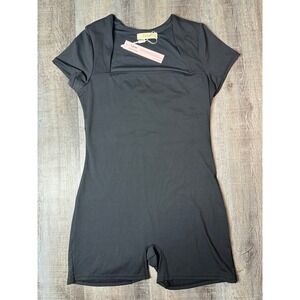 Qinsen Womens Black Active Romper Short Sleeve Bodycon Square Neck Size XL